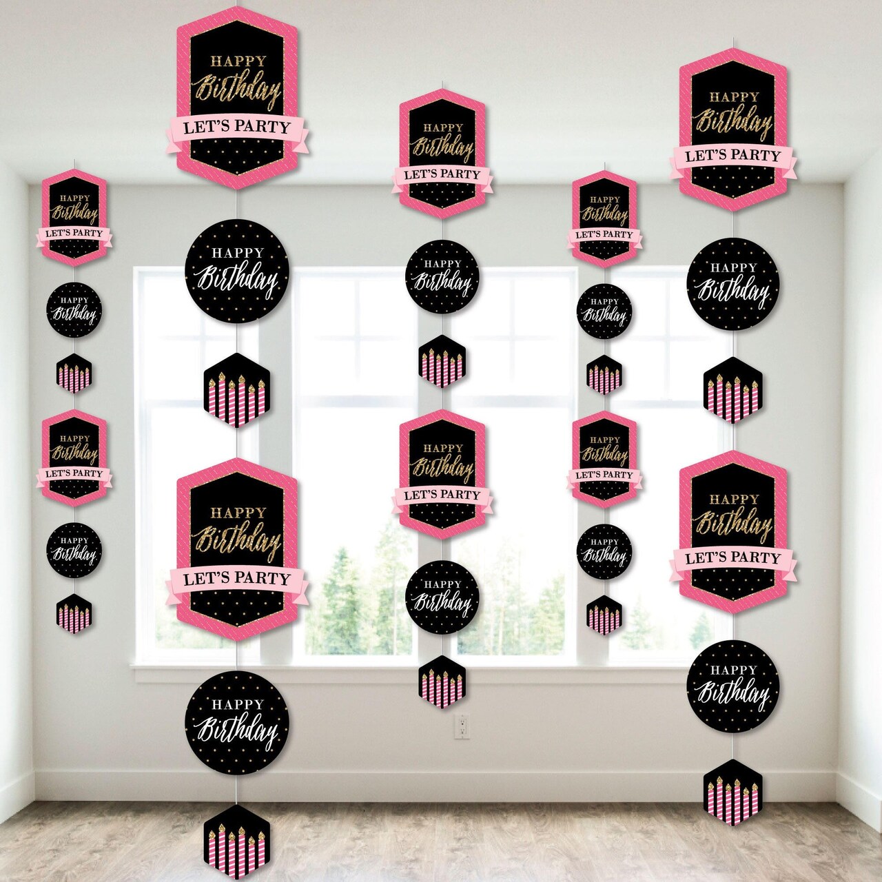 Big Dot of Happiness Chic Happy Birthday - Pink, Black and Gold - Birthday Party DIY Dangler Backdrop - Hanging Vertical Decorations - 30 Pieces